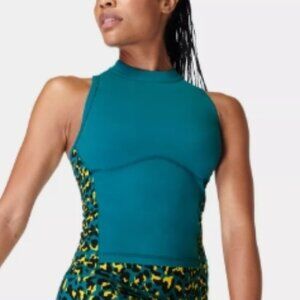 Sweaty Betty Power Zip Back Workout Crop Tank – Blue Pixel Leopard Print, Size S